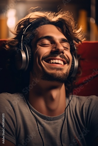 smiling young man listening to music with a smart phone