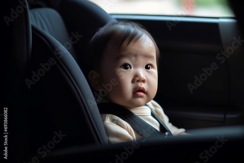 Baby sitting in safety car seat. Safe auto toddler transportation place. Generate ai