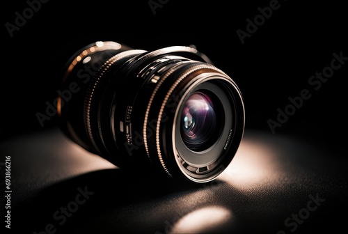 Photo Camera or Video lens close-up on black background
