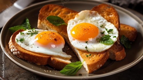 a plate of toast with eggs and basil