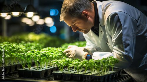 Scientist Examining Young Seedlings in a High-Tech Indoor Hydroponic Farming Facility at Night
