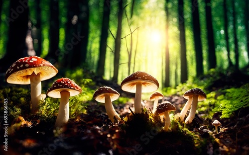 Fly agaric or fly-amanita mushrooms fungi with dark blur background and grass on surface. photo