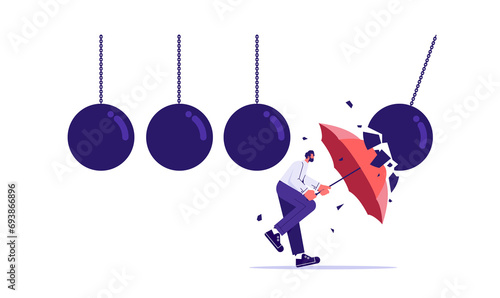 stopping domino effect crisis management chain reaction finance intervention conflict prevention concept, Businessman holding umbrella protects from a collision with a broken wrecking ball