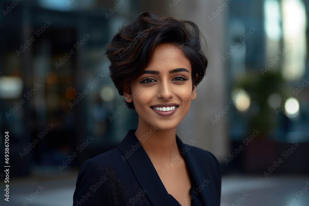 Closeup portrait of a confident young Indian Corporate professional woman with short hair
