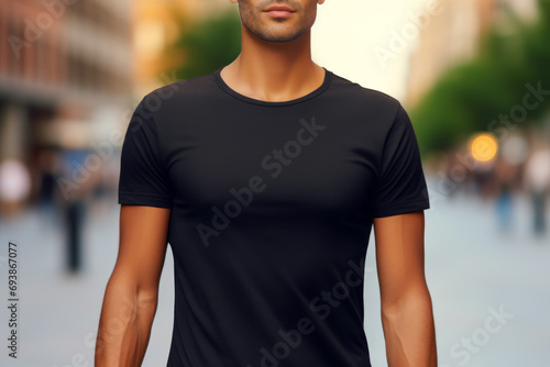 Mockup image of a man wearing a black t-shirt, looking cool wearing a casual t-shirt in the city. Concept for fashion and trends.