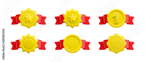 Vector cartoon 3d medals set on red horizontal folded ribbon. Round, wavy, starburst badges realistic icon with star, number 1 and empty. Trendy gold sport or business award 3d render