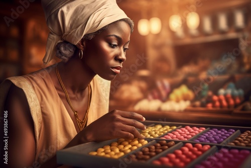 Black female chocolatier checking desserts. Skilled dessert confectioner in chocolate store. Generate ai