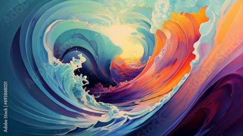 Illustration of sea waves during sunrise. Abstract sea art in turquoise and warm colors.