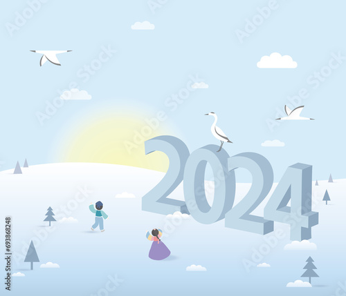 2024 일출풍경의 두루미가 있는 신년 일러스트