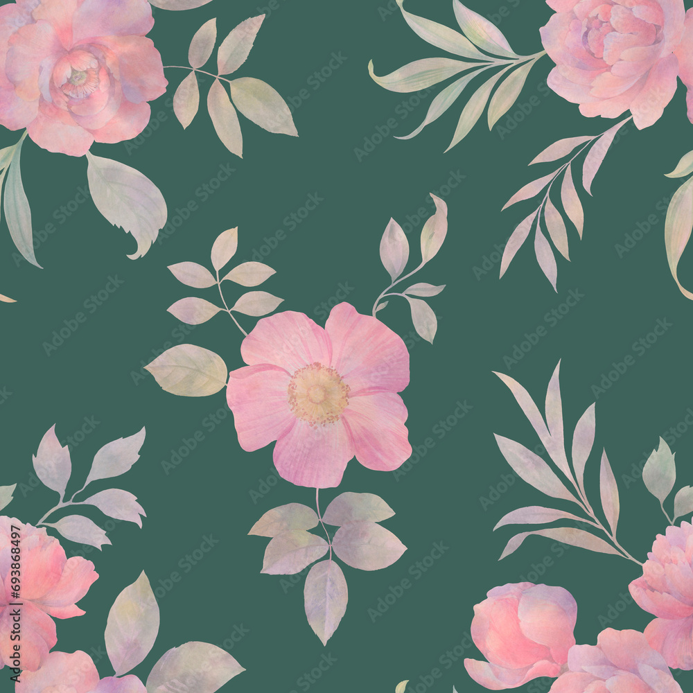 seamless floral pattern, pattern of watercolor peony and rosehip flowers on a green background