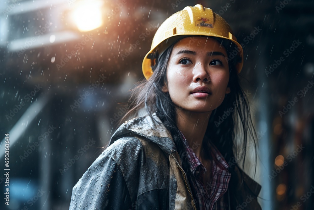 asian woman working in protective suit tirelessly in the rain asian woman working in protective suit tirelessly in the rain