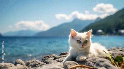 cute cat relaxing at beach