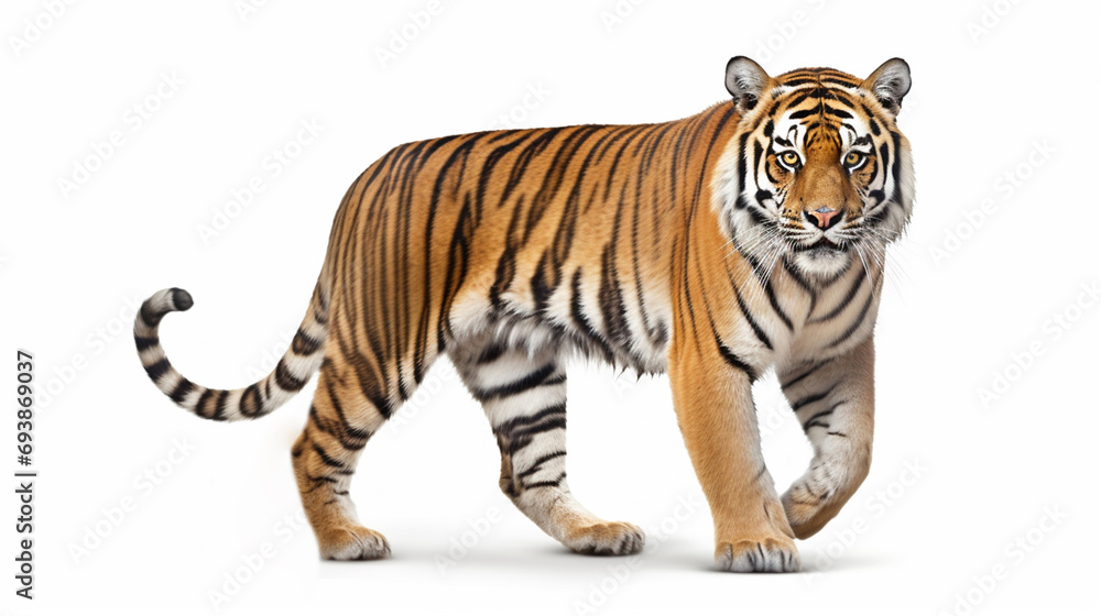 royal tiger (P. t. corbetti) isolated on white background. The tiger is staring. generative ai