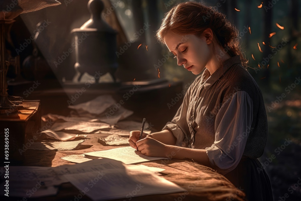 Medieval woman writes letter on outdoor table. Creative inspiration female composing correspondence. Generate ai Medieval woman writes letter on outdoor table. Creative inspiration female composing correspondence. Generate ai