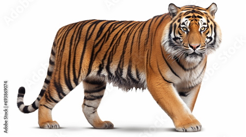 royal tiger  P. t. corbetti  isolated on white background. The tiger is staring. generative ai