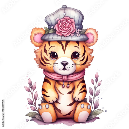 Cute Funny Tiger With Flowers Watercolor Clipart Illustration