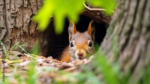 squirrel in park hide and seek. squirrel sits in the tree hollow. generative ai
