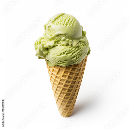 Ice cream matcha scoop on waffle cone on white background. Green tea Matcha ice cream. generative ai