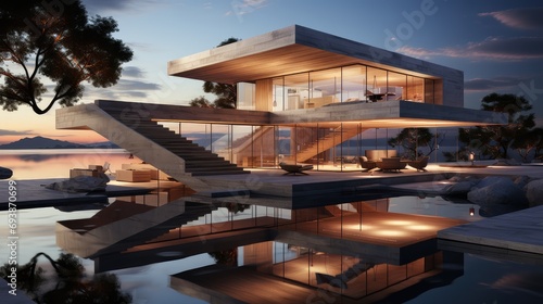maison futuriste d'architecte en 3D retro éclairé de l'intérieur. © jp