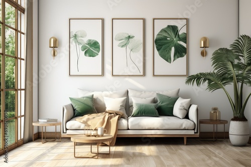 pièce calme avec un canapé chaleureux et moelleux , couleur verte dominante avec du bois, cadres au mur photo