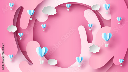 Hot air balloons floating on the pink sky. Valentines background. Happy Valentine's day. Valentine's card. paper cut and craft style. vector, illustration.