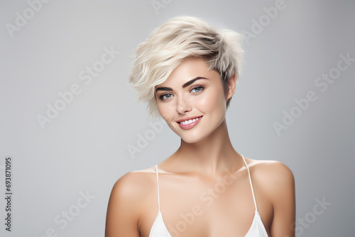 beautiful blonde short hair girl with perfect skin isolated on white background