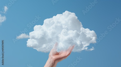 A human hand holds a cloud. Touch in the sky. Soft and fluffy cloud in a clear blue sky photo