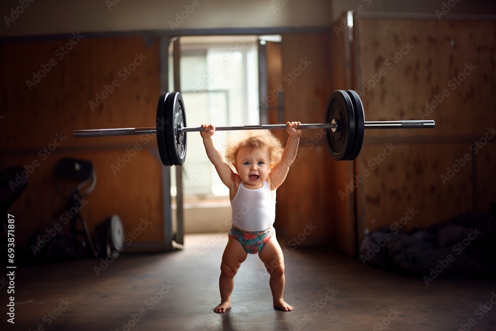 strong little girl lifting weights - obrazy, fototapety, plakaty 