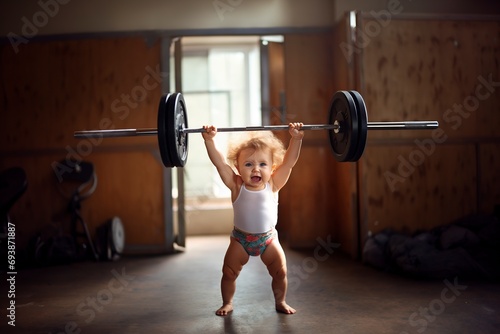 strong little girl lifting weights photo