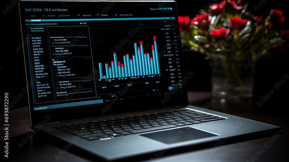 Business success concept: laptop displaying sales and profit growth chart Business success concept: laptop displaying sales and profit growth chart