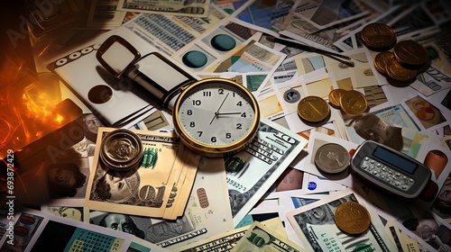 Business concept collage with icons of money, charts, documents, clocks, and more photo