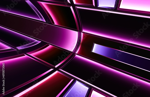 Background illustration with pink red purple neon geometric shaped shapes with effects