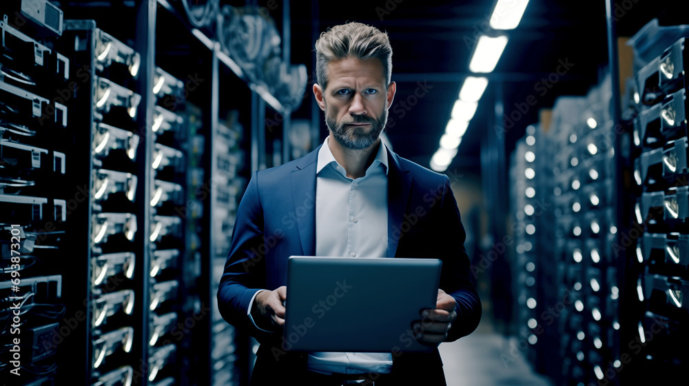 Fototapeta premium a man stands in a server room with a tablet, data center, IT specialist, advanced technology, advanced, advanced technology.