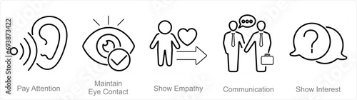 A set of 5 Active Listening icons as pay attention, maintain eye contact, show empathy photo
