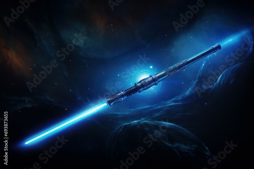 Blue galactic lightsaber tool. Celestial azure glowing handle sabre. Generate ai