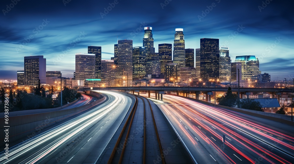 Fototapeta premium Cityscape panorama with modern buildings and busy roads in the evening light