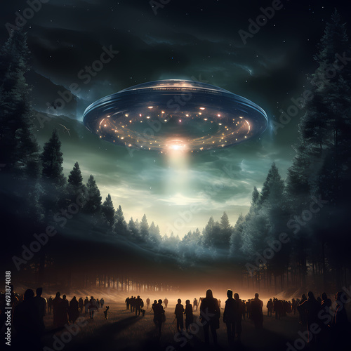 People are staring alien spaceship flying over the forest photo