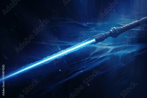 Blue shiny lightsaber in darkness. Glowing azure radiant laser sword. Generate ai photo