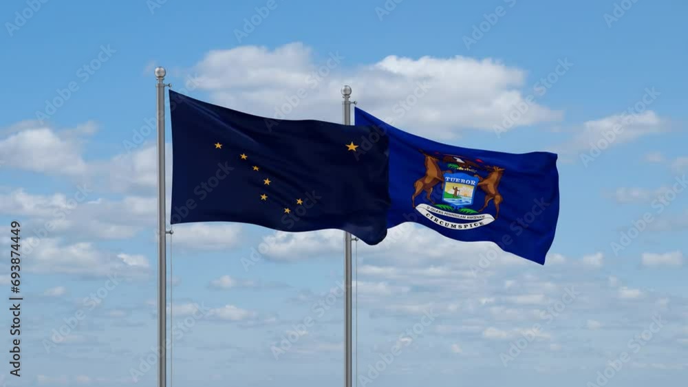 Michigan and Alaska US state flags waving together on cloudy sky, endless seamless loop Michigan and Alaska US state flags waving together on cloudy sky, endless seamless loop