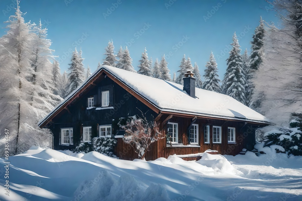 snow covered house with siedges in winter 