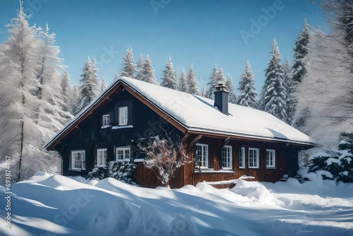 snow covered house with siedges in winter 