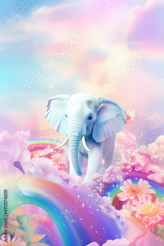 landscape with rainbow, elephant, white elephant, Generative AI