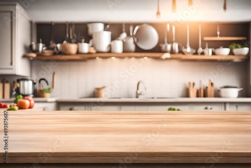 Table top with blurred kitchen equipment interior background © MISHAL