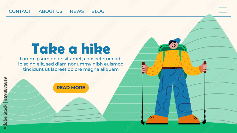 Landing page template for hiking, trekking, training or camping. Man with backpack and nordic walking poles stands against the background of mountain peaks. Great for design banner, site, poster