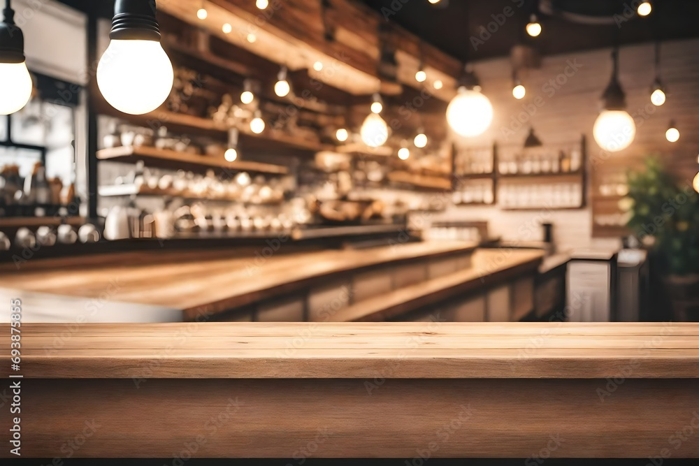 Table top with blurred kitchen equipment interior background