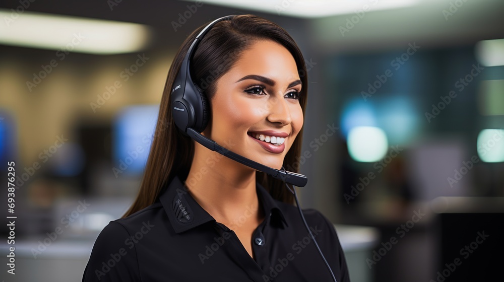 Friendly and professional customer service representative with headset and smile Friendly and professional customer service representative with headset and smile