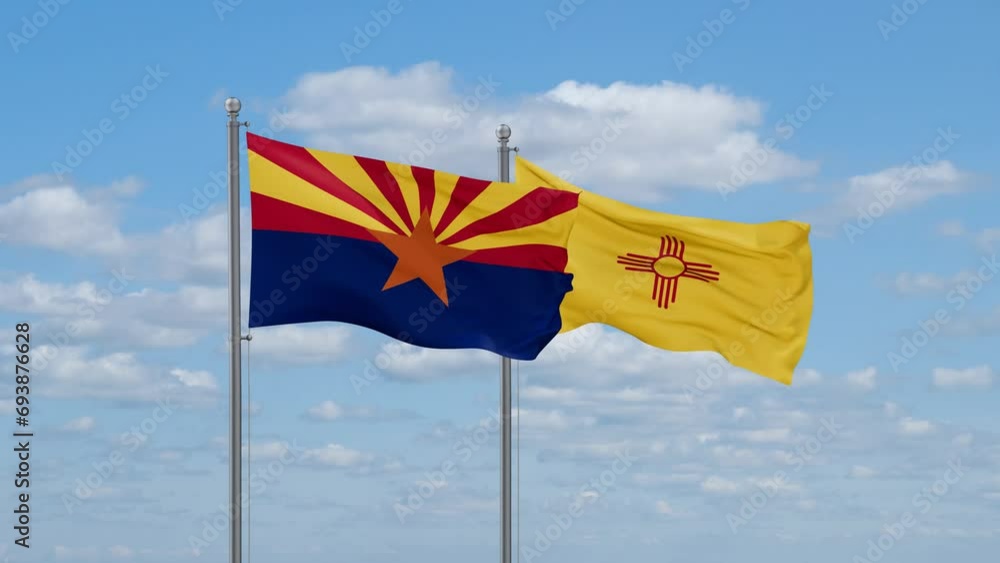 New Mexico and Arizona US state flags waving together on cloudy sky, endless seamless loop New Mexico and Arizona US state flags waving together on cloudy sky, endless seamless loop