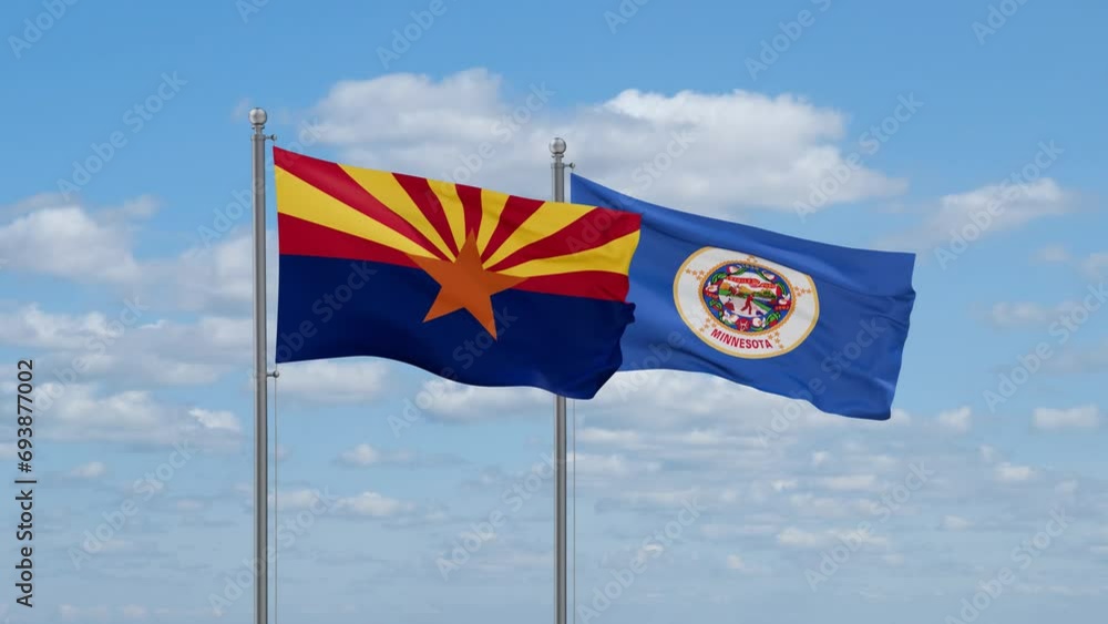 Minnesota and Arizona US state flags waving together on cloudy sky, endless seamless loop Minnesota and Arizona US state flags waving together on cloudy sky, endless seamless loop