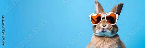 A cool easter bunny banner on a blue background with copy space