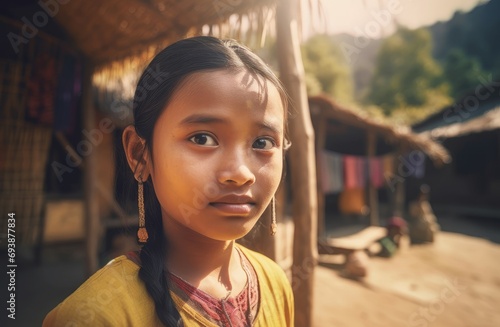 Nepali village girl. Little girl portrait in rural countryside habitat. Generate ai